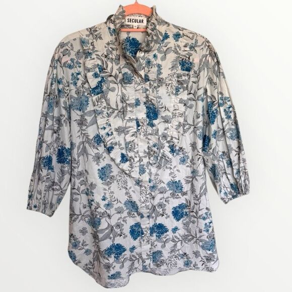 SECULAR LAB Liberty Print Floral Print White Blue Button Mock Neck Tunic Sz XS - Picture 8 of 14